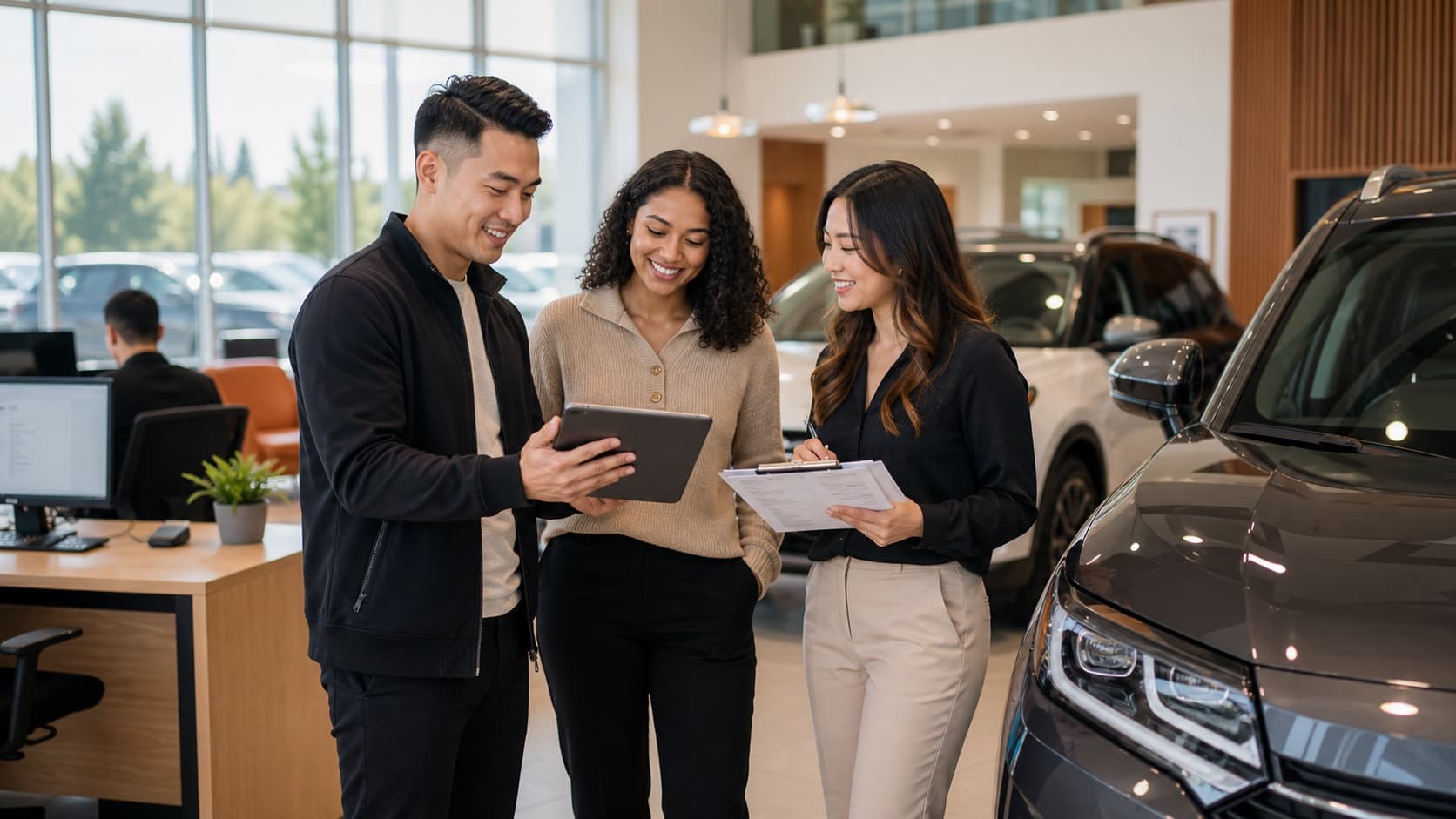UC Auto team reviewing vehicle details inside the Richmond showroom