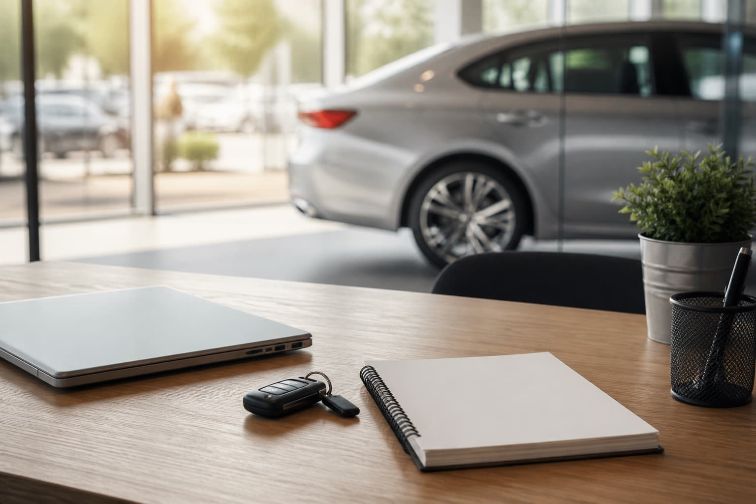 Dealership finance desk with vehicle keys and a car visible behind glass