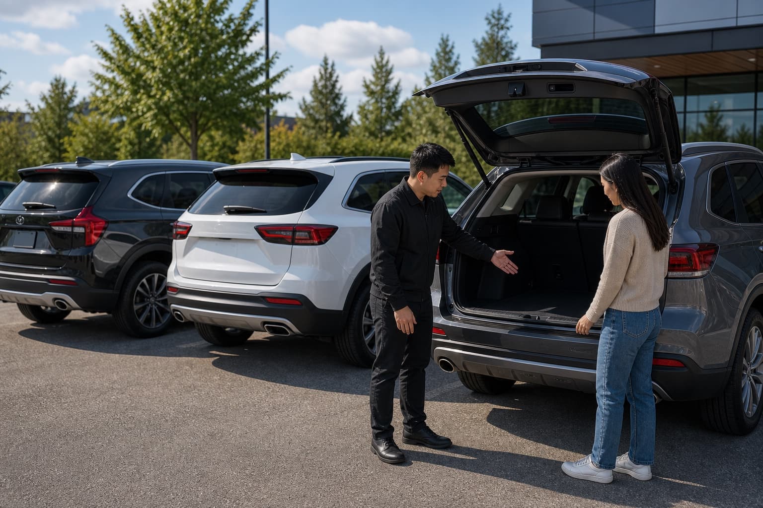 Advisor showing SUV cargo space while shoppers compare used SUVs