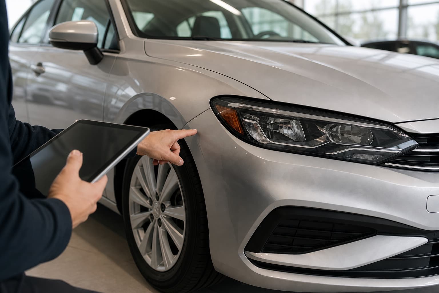 Vehicle appraisal review showing a front panel inspection with a tablet