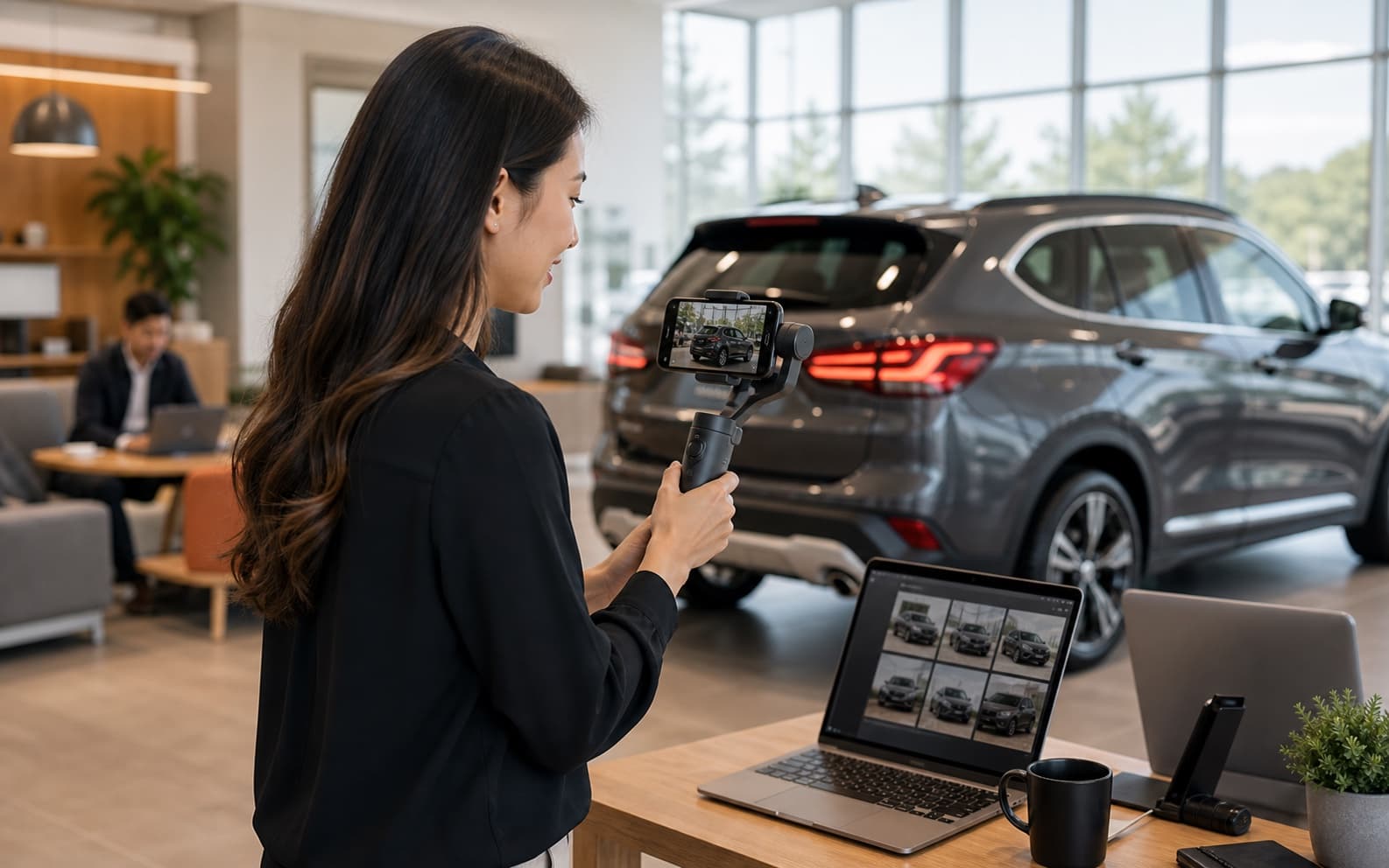 Content coordinator filming a showroom vehicle for UC Auto social and website content