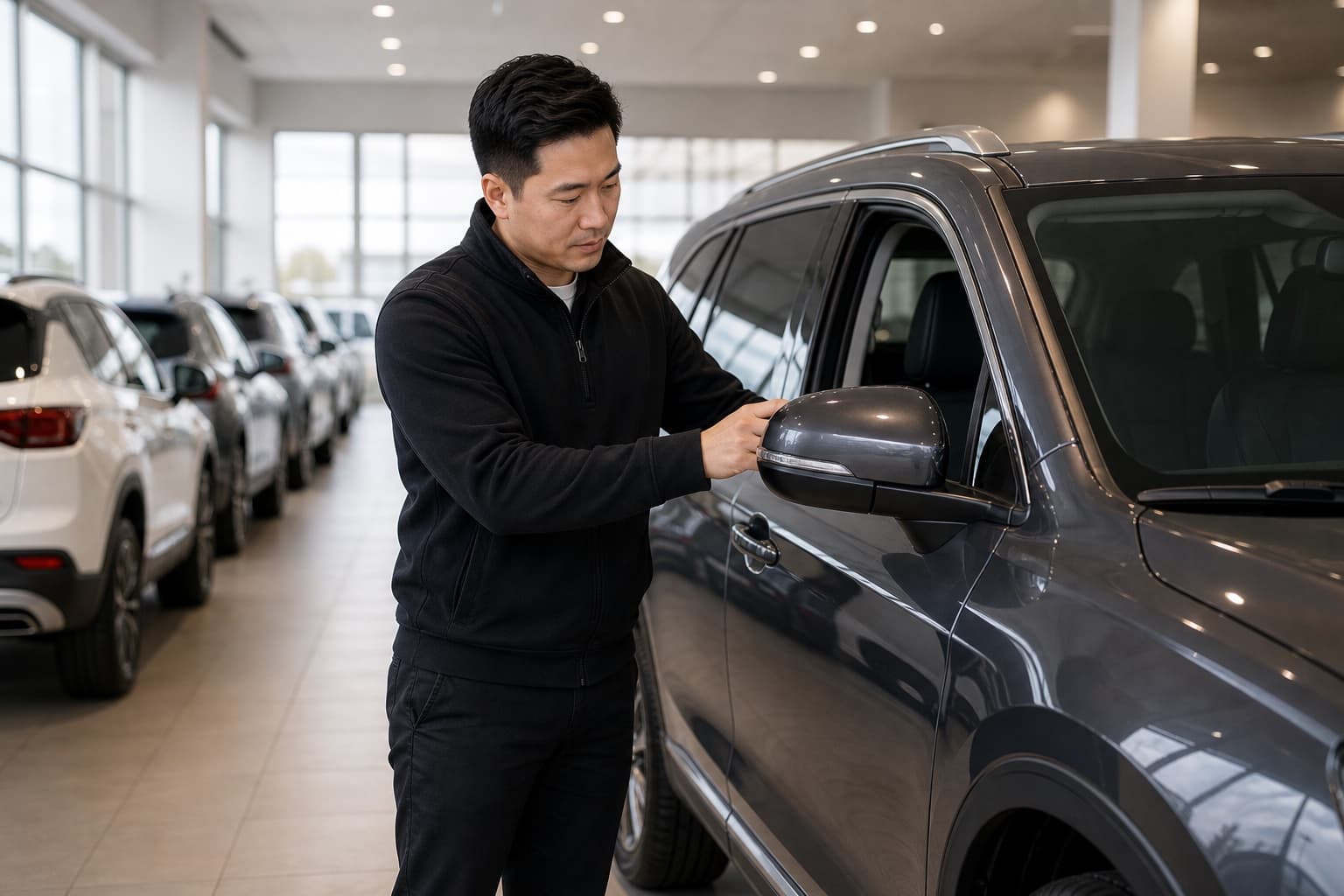 Inventory coordinator checking a showroom vehicle beside inventory rows