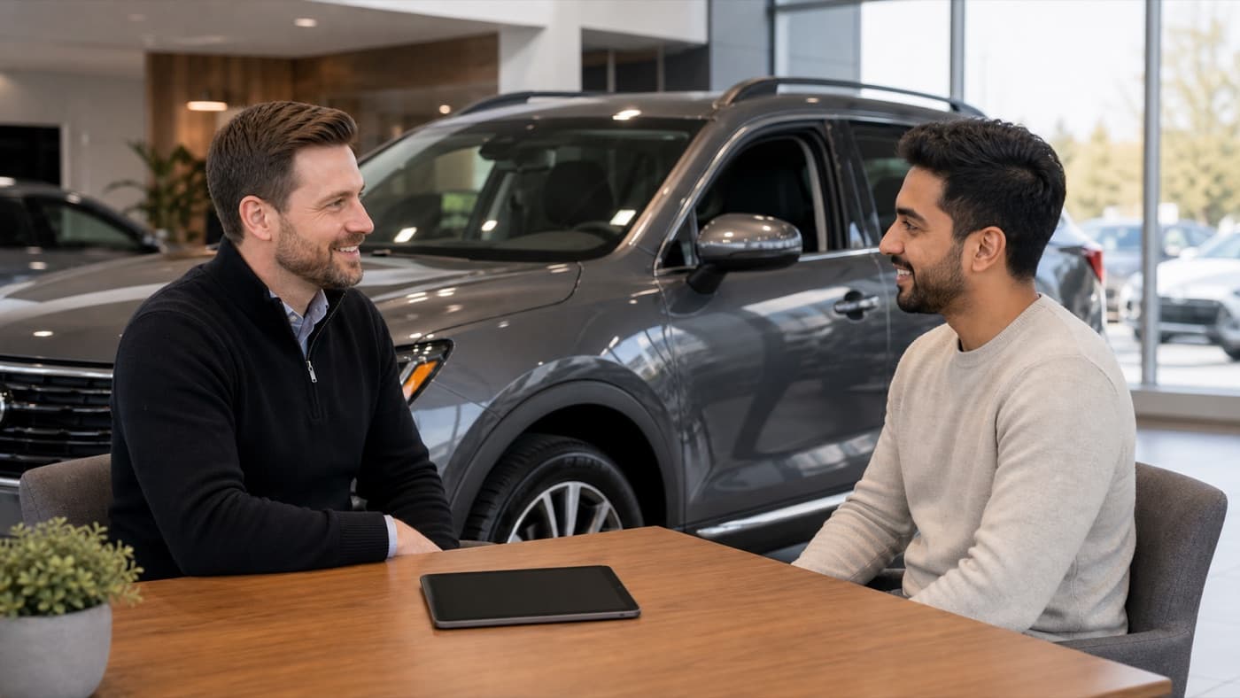 Sales consultant reviewing a vehicle option with a customer in the UC Auto showroom