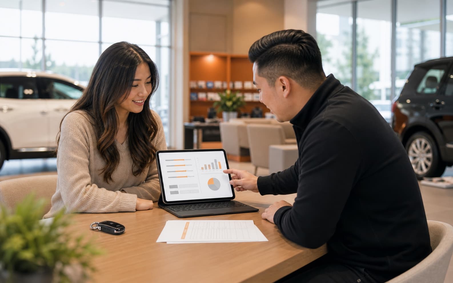 Customer reviewing a vehicle payment calculator with a finance advisor