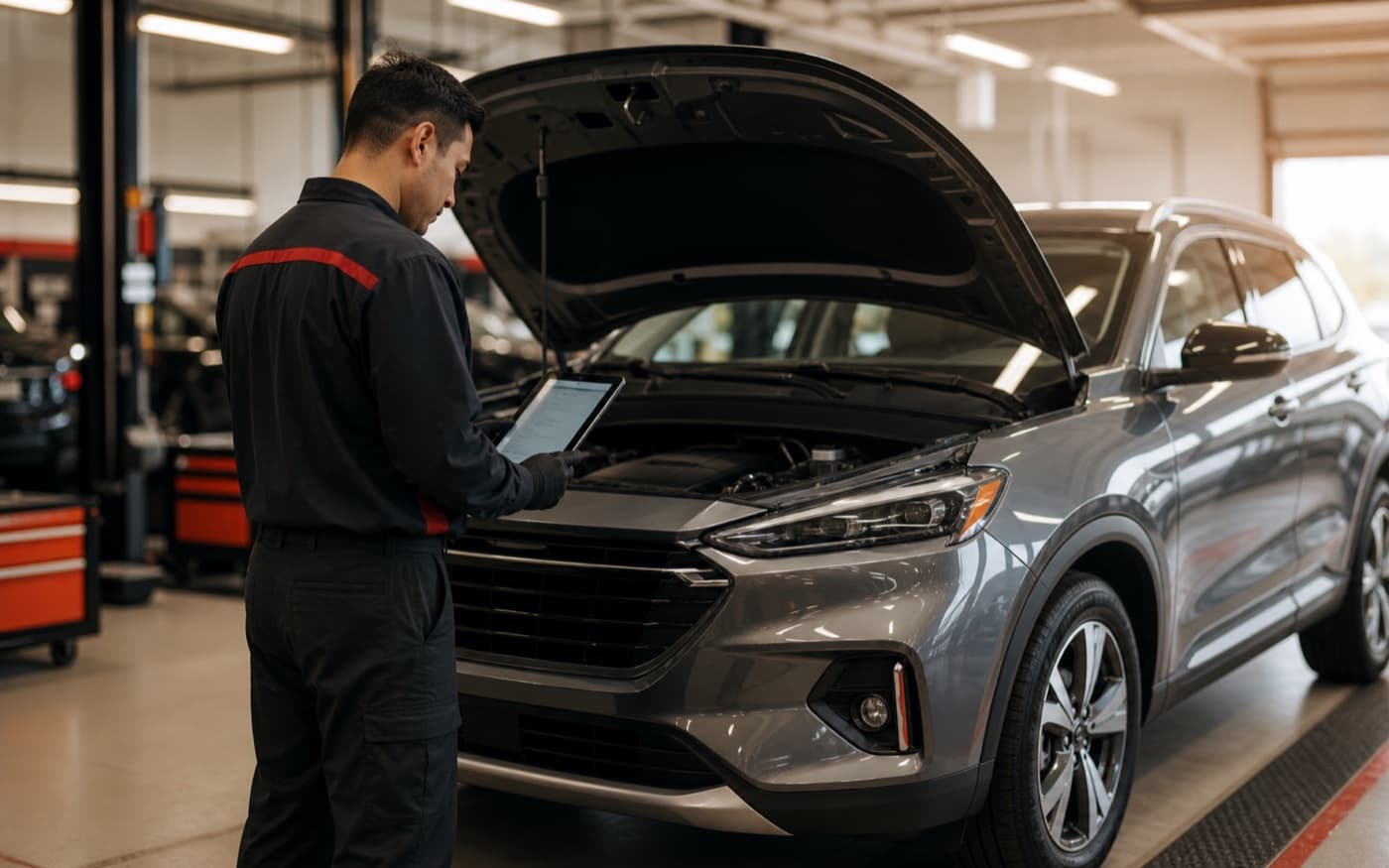 Technician reviewing a vehicle checklist with the hood open