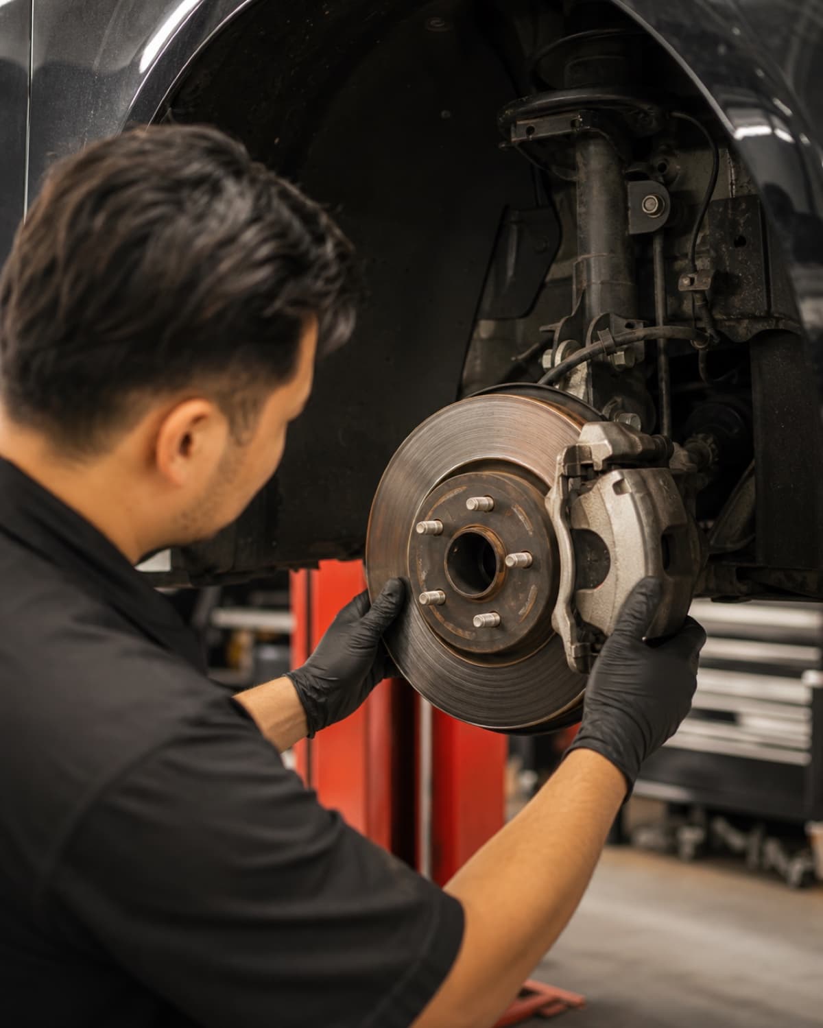Brake area being reviewed during vehicle preparation