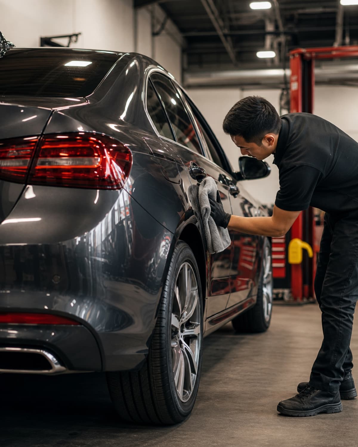 Vehicle exterior receiving a final wipe before customer handoff