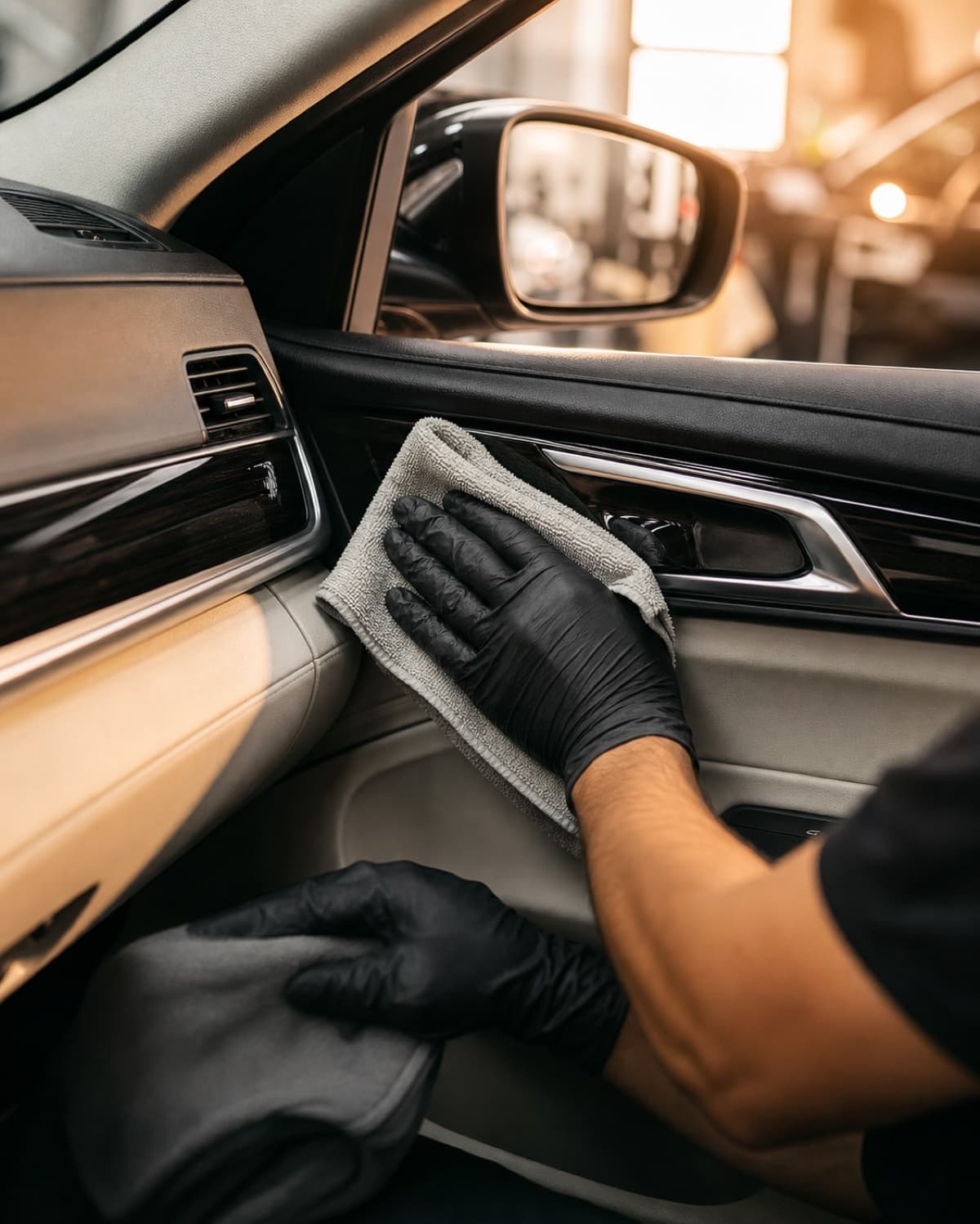 Vehicle interior being detailed with a microfiber cloth