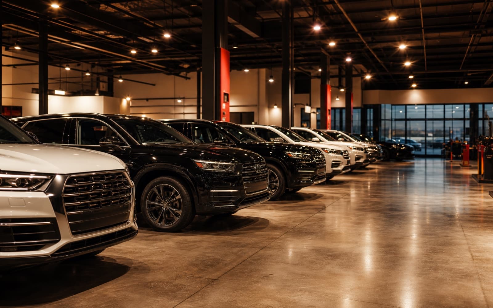 Indoor pre-owned inventory row under warm showroom lighting