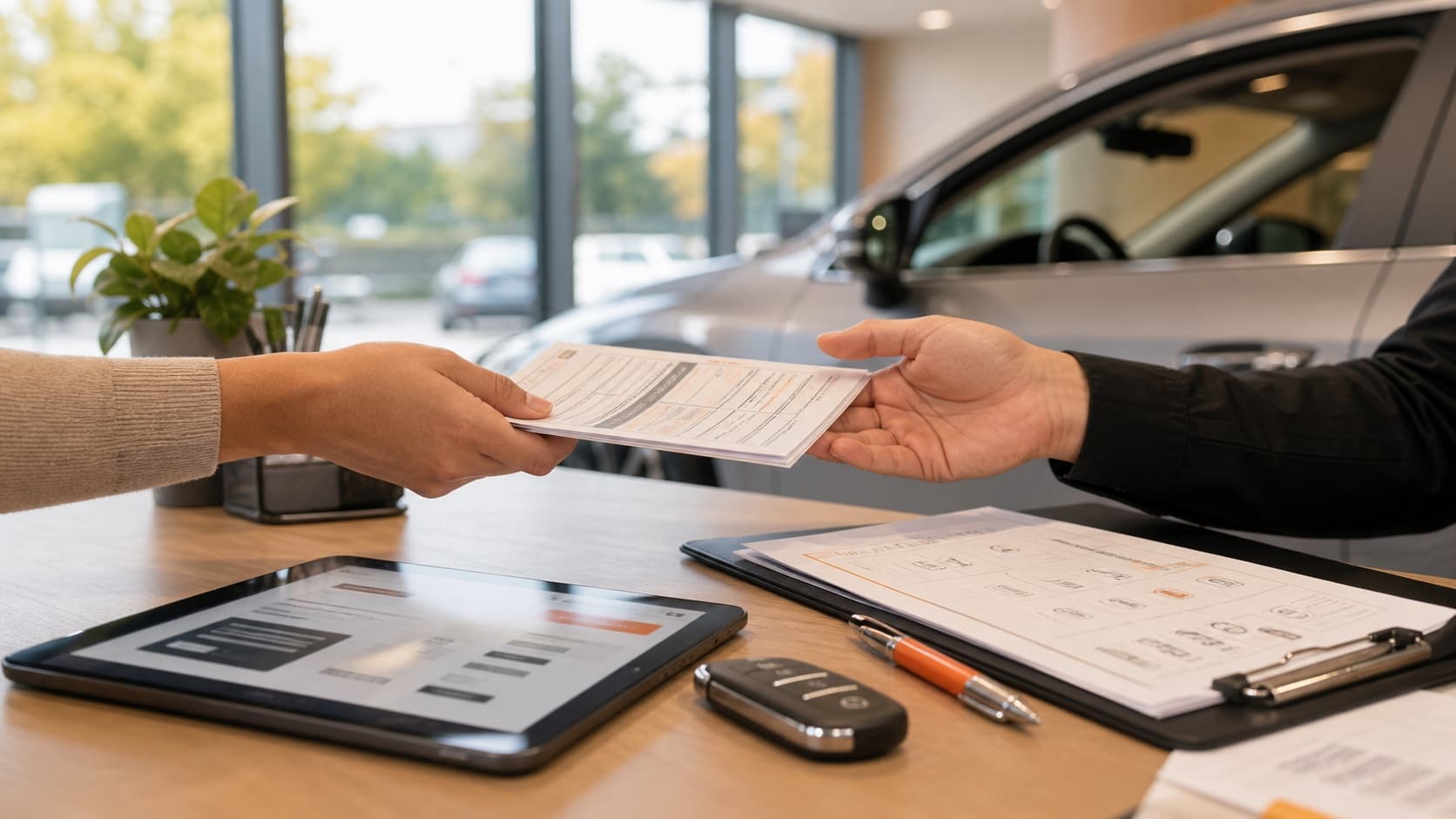 Vehicle value review paperwork, keys, and tablet on a UC Auto consultation desk